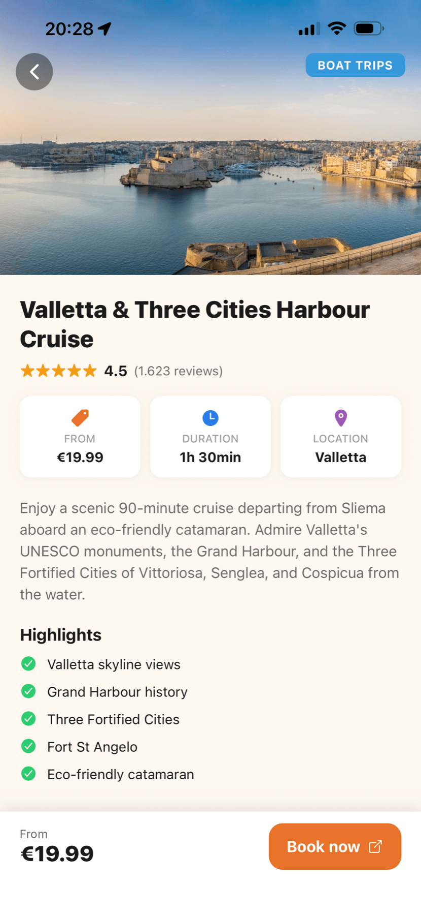 Festa activity page for a Valletta harbour cruise