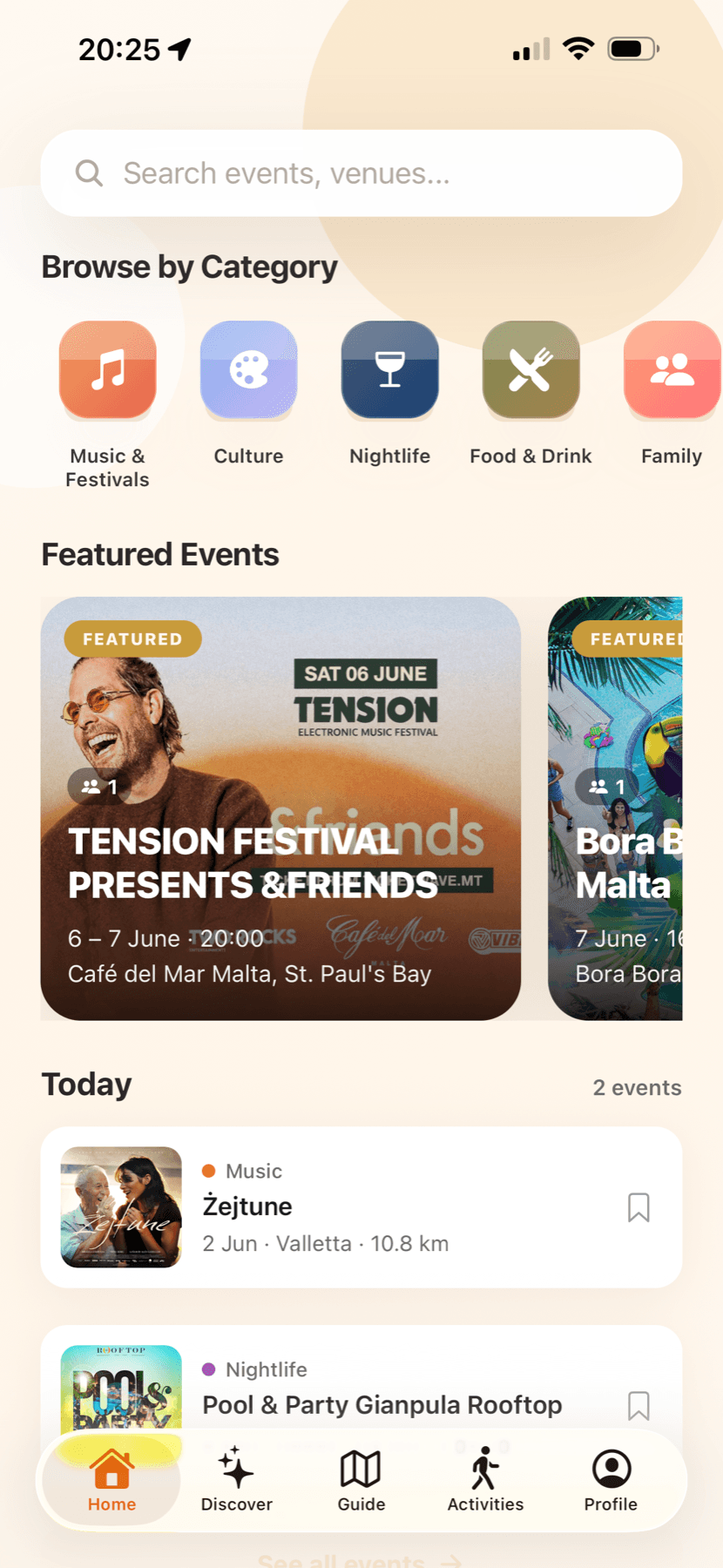 Festa home screen with featured events